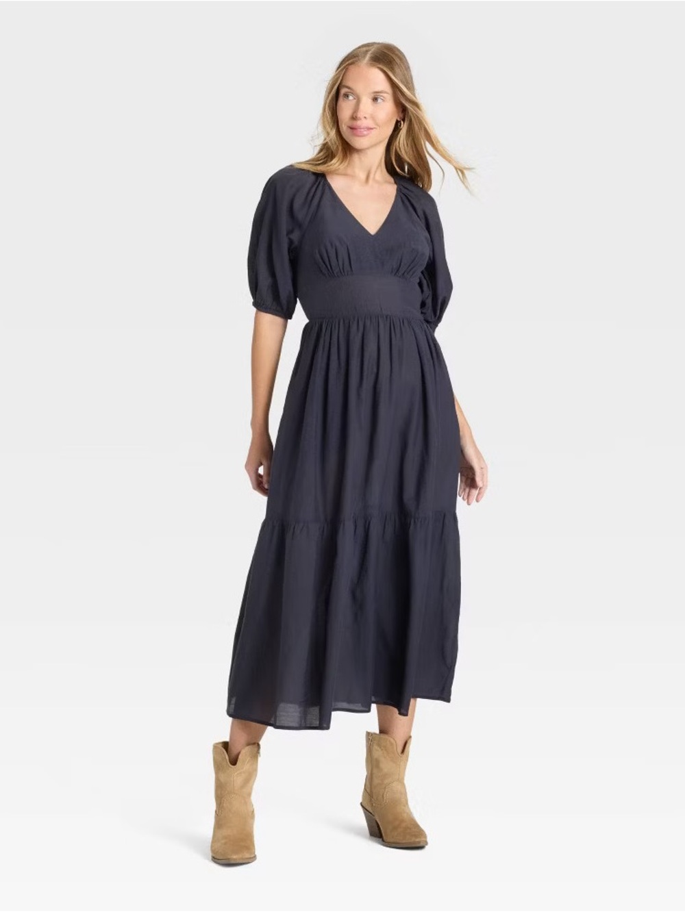 Universal Thread Navy V-Neck Puff Sleeve Maxi Dress